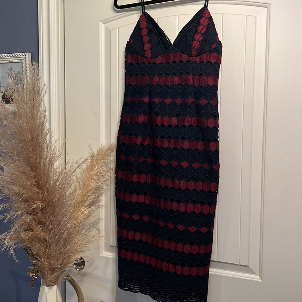 Navy and burgundy Bardot dress